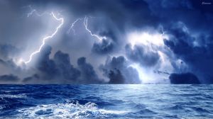 Storm And Blue Lightining At Sea